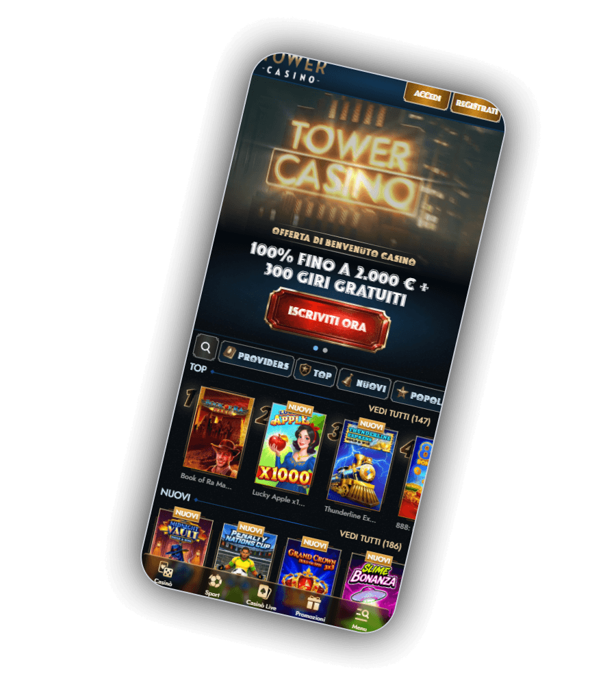 Schermata dell'atrio Tower Casino con insegna centrale, offerta di benvenuto e mensole di giochi
