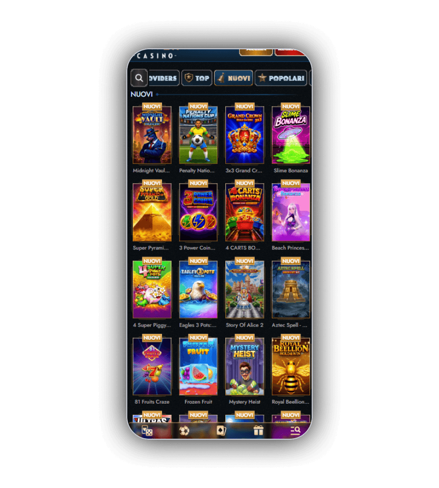 Griglia di nuovi giochi in quattro colonne con badge NUOVI e titoli in inglese