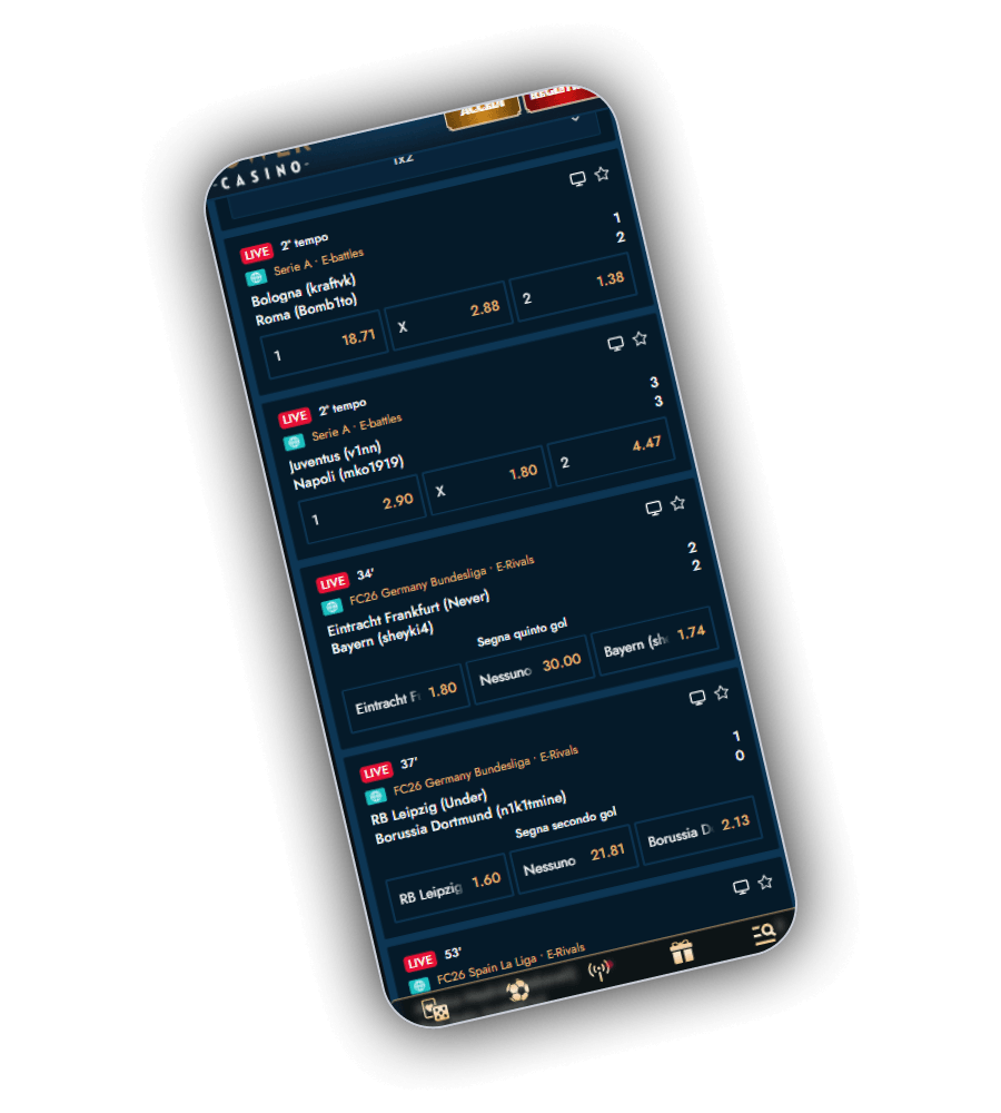 Schermata di scommesse live simulate con badge LIVE, incontri e quote decimali